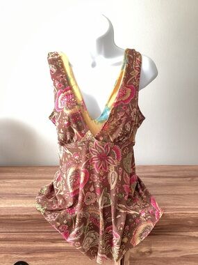 Y2K Sweat Pea Mesh Brown Floral Paisley Boho Deep V Tank Layered Tank L